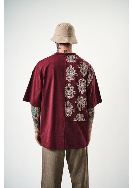 Erkek Paisley Baskılı Yıkamalı Oversize T-Shirt Bordo
