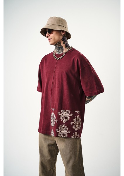 Erkek Paisley Baskılı Yıkamalı Oversize T-Shirt Bordo modelleri
