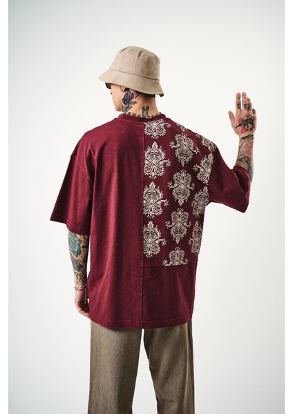 Erkek Paisley Baskılı Yıkamalı Oversize T-Shirt Bordo fırsatları
