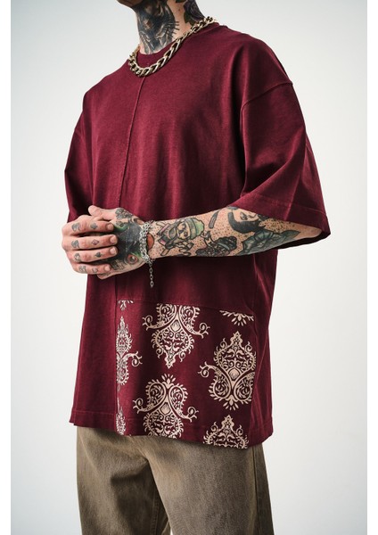 Erkek Paisley Baskılı Yıkamalı Oversize T-Shirt Bordo indirimleri