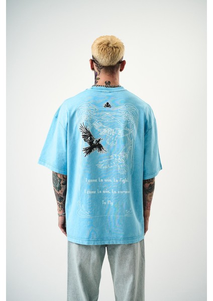 Erkek To Fly Baskılı Yıkamalı Oversize T-Shirt Mavi