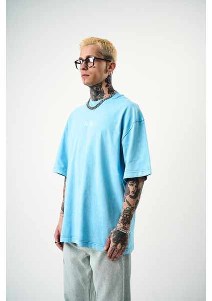 Erkek To Fly Baskılı Yıkamalı Oversize T-Shirt Mavi