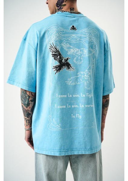 Erkek To Fly Baskılı Yıkamalı Oversize T-Shirt Mavi