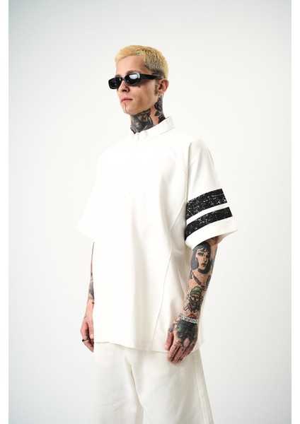 Erkek 84 Zone Baskılı Oversize T-Shirt Ekru modelleri