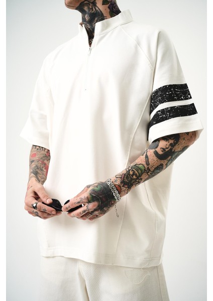 Erkek 84 Zone Baskılı Oversize T-Shirt Ekru indirimleri