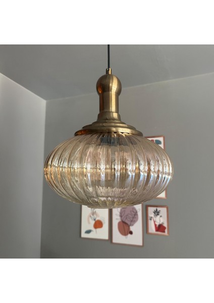 Elegant Cam Tekli Bal Rengi Avize Eskitme Long Knob Başlık Sarkıt Lamba Restoran Salon Aydınlatma