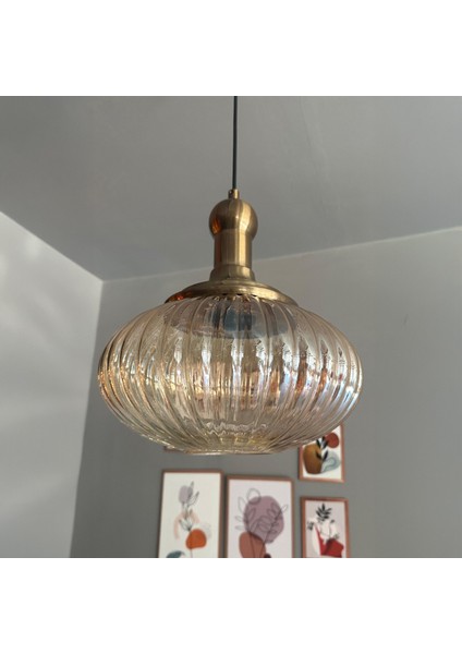 Elegant Cam Tekli Bal Rengi Avize Eskitme Long Knob Başlık Sarkıt Lamba Restoran Salon Aydınlatma