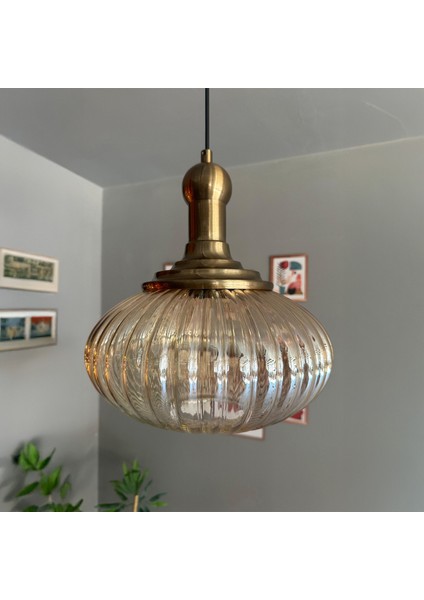 Elegant Cam Tekli Bal Rengi Avize Eskitme Long Knob Başlık Sarkıt Lamba Restoran Salon Aydınlatma
