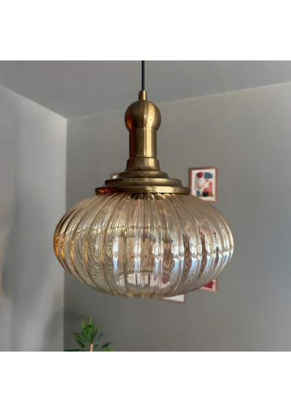 Elegant Cam Tekli Bal Rengi Avize Eskitme Long Knob Başlık Sarkıt Lamba Restoran Salon Aydınlatma