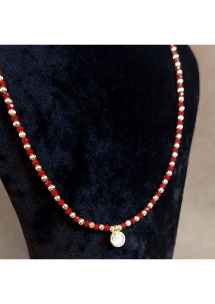 6483 El Yapımı Taş Detaylı Bordo Kristal Boncuk Kolye