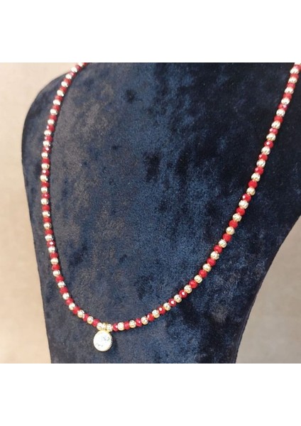 6483 El Yapımı Taş Detaylı Bordo Kristal Boncuk Kolye