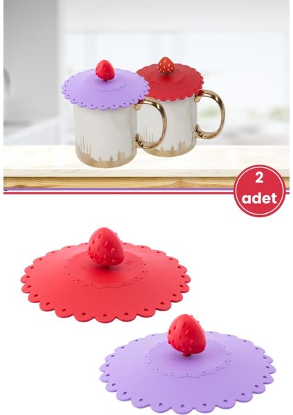 2 Adet Toz Geçirmez Isı Koruyucu Bardak Kapağı, Çilek Figürlü Silikon Bardak Kapağı 2’li Set