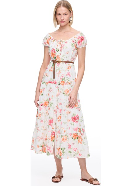 Ekru Clios Regular Fit Çiçekli Uzun Boy Elbise