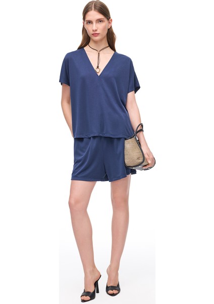 Lacivert Dinos Slim Fit V-Yaka Bluz