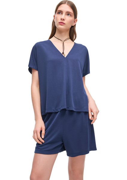 Lacivert Dinos Slim Fit V-Yaka Bluz modelleri