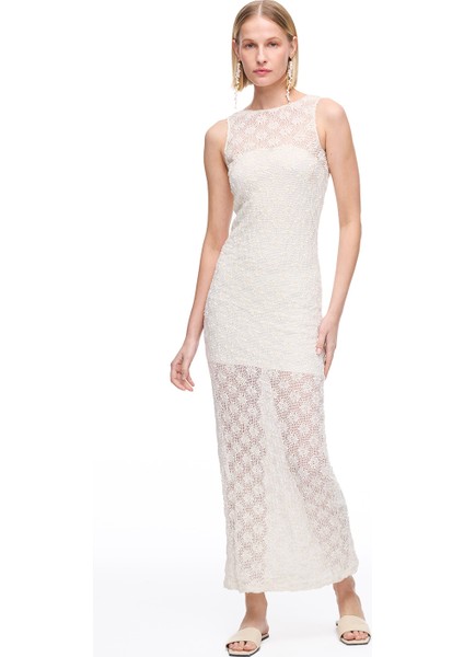 Ekru Brices Slim Fit Dantel Diz Altı Elbise