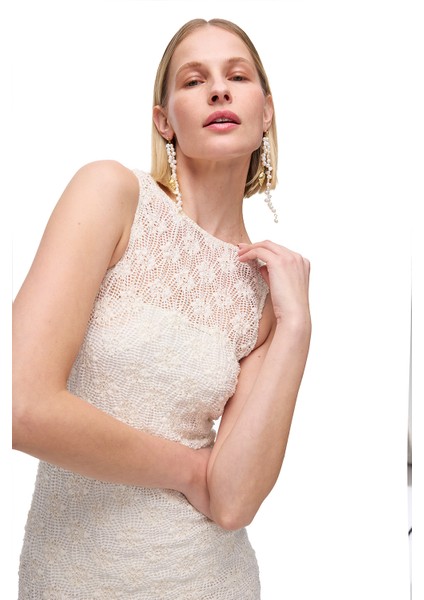 Ekru Brices Slim Fit Dantel Diz Altı Elbise fiyatları