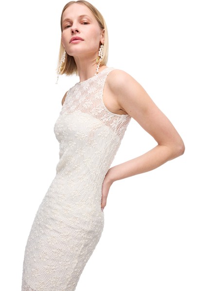 Ekru Brices Slim Fit Dantel Diz Altı Elbise modelleri