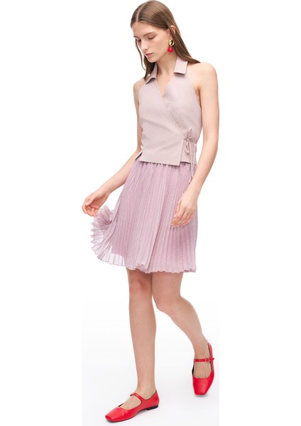 Pembe Violet Regular Fit Gömlek Yaka Ekoseli Bluz