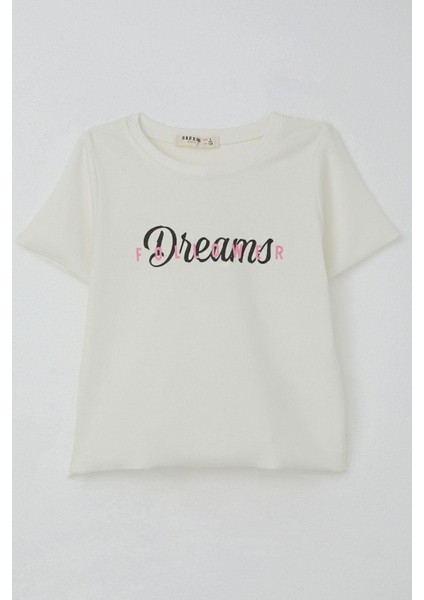 Kız Çocuk Tişört Yazı Baskılı 8-14 Yaş, Ekru
