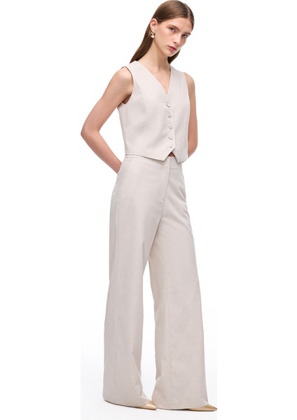 Bej Anyolit Rahat Kalıp Yüksek Bel Pantolon