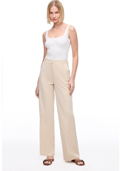 Bej Loresi Rahat Kalıp Yüksek Bel Pantolon modelleri