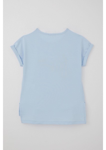 Kız Çocuk Tişört Kabartma Yazı Baskılı Yırtmaçlı 10-16 Yaş, Açık Mavi fiyatları