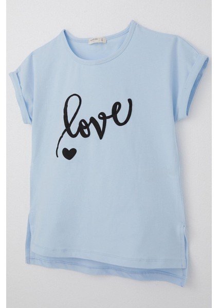 Kız Çocuk Tişört Kabartma Yazı Baskılı Yırtmaçlı 10-16 Yaş, Açık Mavi modelleri