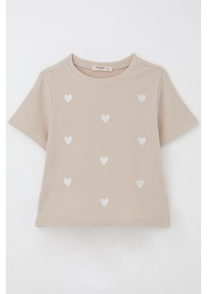 Kız Çocuk Tişört Kalp Nakış Detaylı 9-14 Yaş, Bej
