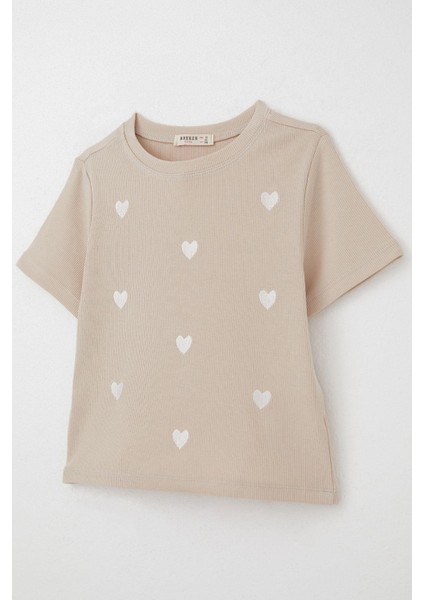 Kız Çocuk Tişört Kalp Nakış Detaylı 9-14 Yaş, Bej modelleri