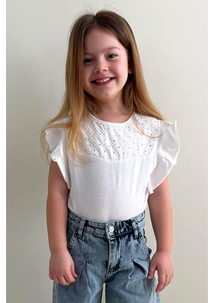 Kız Çocuk Tişört Kolları Fırfırlı Nakış Güpürlü 6-12 Yaş, Ekru