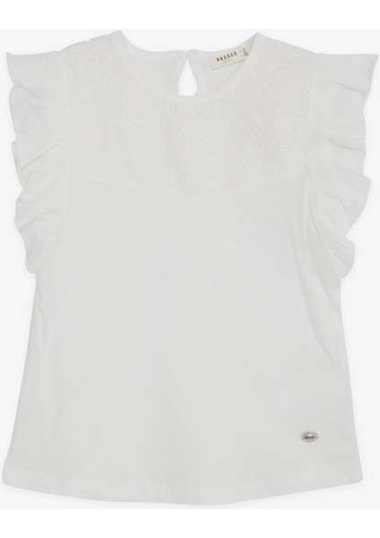 Kız Çocuk Tişört Kolları Fırfırlı Nakış Güpürlü 6-12 Yaş, Ekru fiyatları