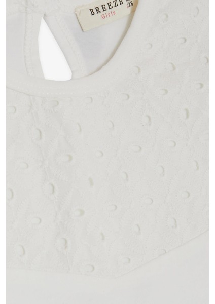 Kız Çocuk Tişört Kolları Fırfırlı Nakış Güpürlü 6-12 Yaş, Ekru fırsatları
