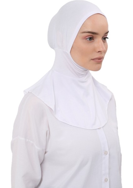 Kadın Tesettür Pratik Boyunluklu Hijab - Sporcu Bone - Beyaz