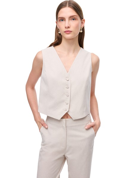 Bej Anyolit Slim Fit V-Yaka Çizgili Yelek fiyatları