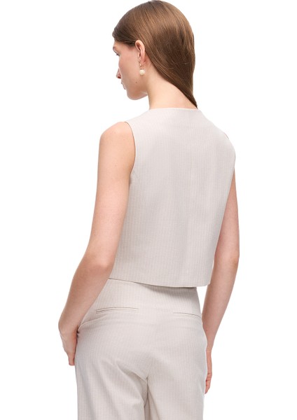 Bej Anyolit Slim Fit V-Yaka Çizgili Yelek fırsatları