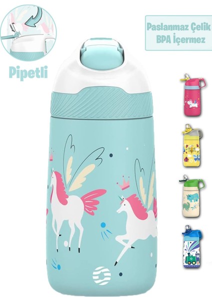 Çocuk 350 ml Pipetli Çelik Matara Paslanmaz Çelik Termos 5 Farklı Renk 2055