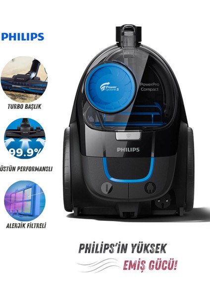 Turbo Başlıklı Powerne 5 Teknolojili Torbasız Elektrikli Süpürge - H13 Filtreli