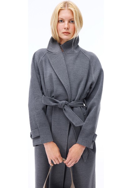Mona Regular Fit Midi Boy Takma Kol Erkek Yaka Antrasit Renk Kadın Kaban modelleri