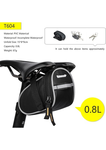 T604-0.8L Stili Rhinowalk Yeni Gelen Bisiklet Sele Çantası Su Şişesi Cebi ile Su Geçirmez Arka Bisiklet Sele Çantaları Büyük Hacimli Kuyruk Çantası (Yurt Dışından)