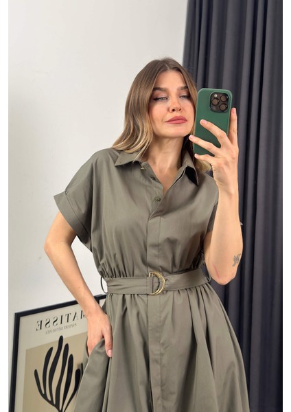 Haki Kemerli Gömlek Elbise