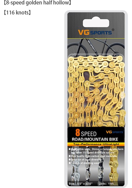 Altın 8 Hız Yarım Stil Ultra Hafif 116L Vg Sports Hız Bisiklet Zinciri Gümüş Altın Yarı Boş Bisiklet Zinciri Dağ Yol Bisikleti Tam Boş Zincirler (Yurt Dışından)