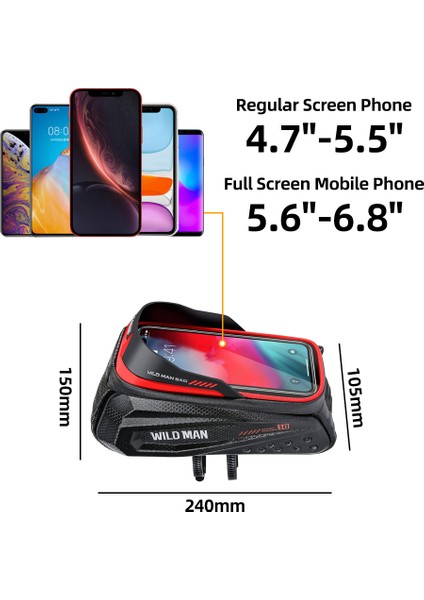 ES10X-1.2L Siyah Stil Bisiklet Çantası 1.2l Ön Çerçeve Bisiklet Çantası Su Geçirmez Bisiklet Telefon Kılıfı Tutucu Dokunmatik Ekran Üst Tüp Çantası Dağ Yol Alt 6.7” Için (Yurt Dışından)