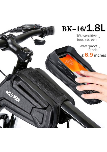 BK16 Tarzı Wıld Man Bisiklet Çantası 2l Çerçeve Ön Tüp Bisiklet Su Geçirmez Telefon Kılıf Tutucu 7,4 Inç Dokunmatik Ekran Çanta Aksesuarları (Yurt Dışından)