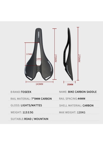Gri-Mat Tarzı Toseek Tam Karbon Fiber Bisiklet Koltuğu Yol Mtb Bisiklet Karbon Koltuk 105G 7*9 Karbon Ray 8 Renk (Yurt Dışından) fırsatları