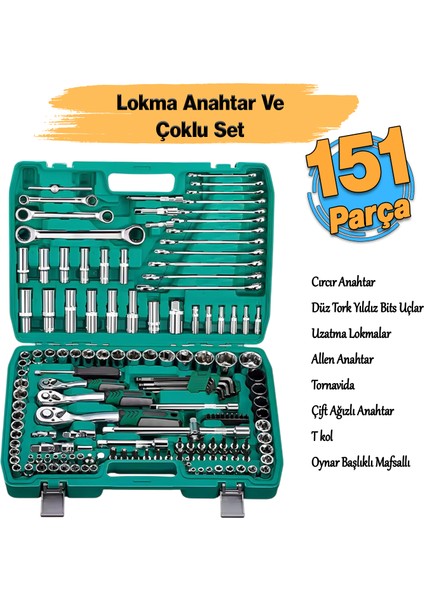 Lokma Anahtar Takımı 151 Parça Uzatma Kolu Mafsallı 1/2 3/8 1/4 Yıldız Tork Düz Set Bits Uç Allen