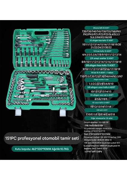 Lokma Anahtar Takımı 151 Parça Uzatma Kolu Mafsallı 1/2 3/8 1/4 Yıldız Tork Düz Set Bits Uç Allen