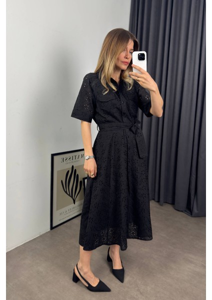 Siyah Kısa Kollu Astarlı Kuşaklı Cepli Fisto Gömlek Elbise fiyatları