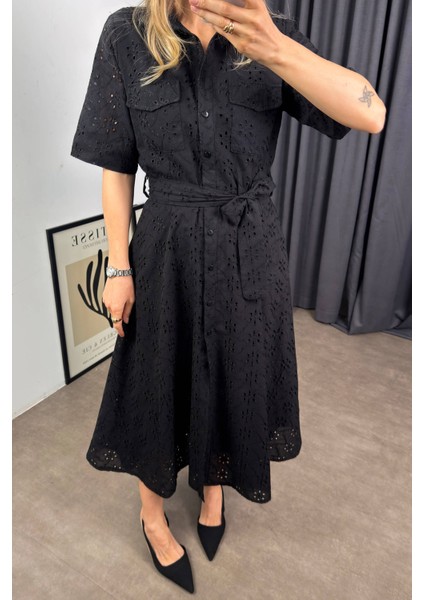 Siyah Kısa Kollu Astarlı Kuşaklı Cepli Fisto Gömlek Elbise fırsatları