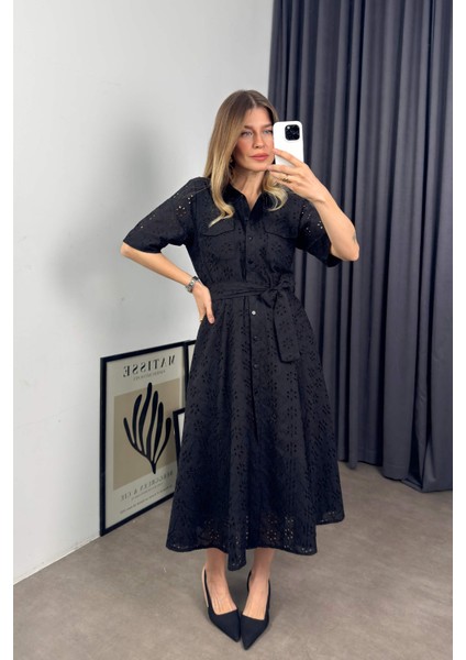 Siyah Kısa Kollu Astarlı Kuşaklı Cepli Fisto Gömlek Elbise indirimleri